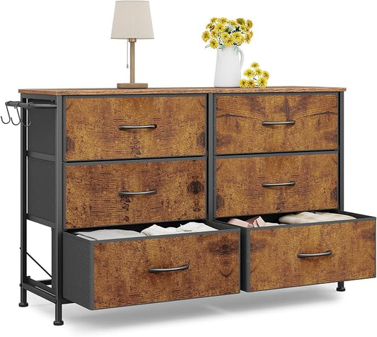 Dresser for Bedroom with 6 Drawers, Small Fabric Dresser for Kids Bedroom, Chest of Drawers, Storage Organizer Dresser for Closet, Nursery, Dorm, Apartment, TV Stand, Wood Top Side Hooks, Rustic Brown