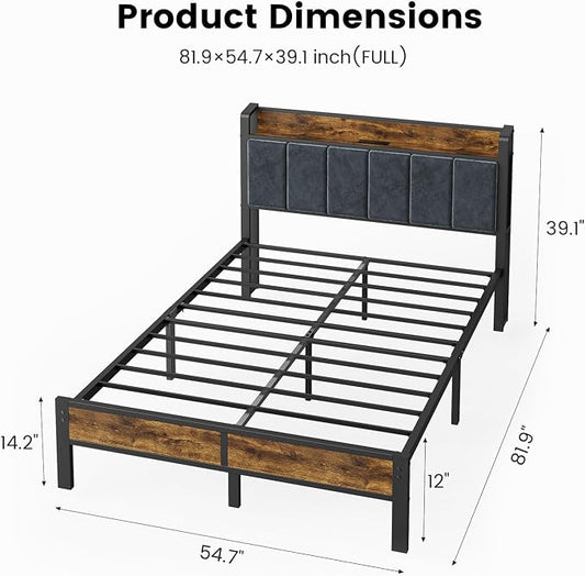 ALBERTO Full Size LED Bed Frame with Built-in Charging Station, Metal Platform with Slats, Soft Grey Upholstered Headboard, No Box Spring Required