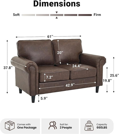 Kingfun Loveseat 2 Seater Couch, Mid Century Modern Faux Leather Sofa with Rolled Arms and Deep Seats, Fluffy Comfort for Living Room, Apartment, Easy Assembly, Cocoa