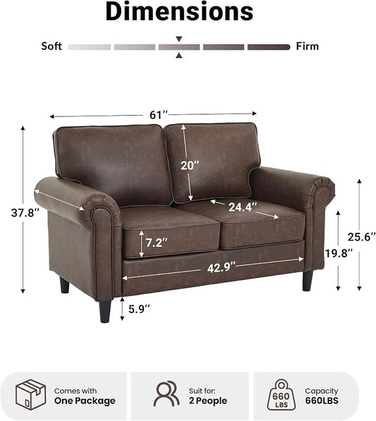 Kingfun Loveseat 2 Seater Couch, Mid Century Modern Faux Leather Sofa with Rolled Arms and Deep Seats, Fluffy Comfort for Living Room, Apartment, Easy Assembly, Cocoa