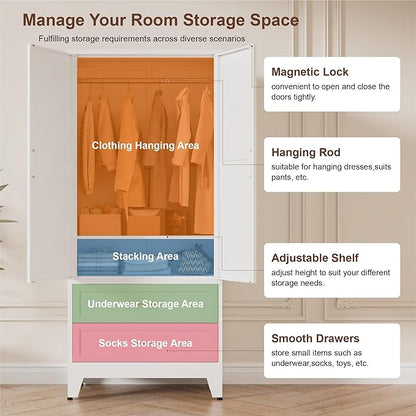 LCAOPC 71" Tall Metal Wardrobe Cabinet with 2 Drawers and Hanging Rod, 2 Doors Armoire Wardrobe Closet with Shelf for Bedroom, Office, Laundry Room, White