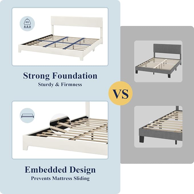 Allewie King Size Bed Frame with Adjustable Headboard, Faux Leather Platform Bed with Wood Slats, Heavy Duty Mattress Foundation, No Box Spring Needed, Noise-Free, Easy Assembly, White