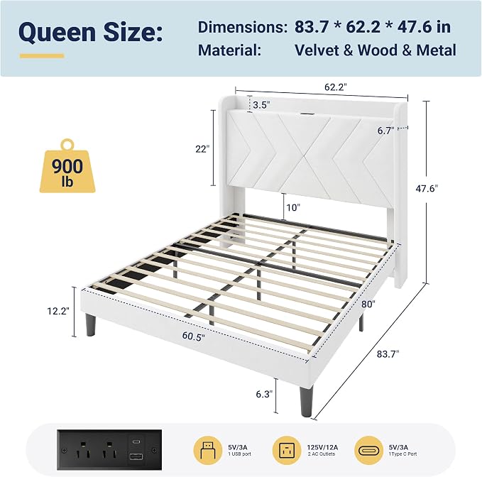 Allewie Queen Size Platform Bed Frame with Charging Station and Storage Shelf/Upholstered Velvet Wingback Headboard/Wooden Slats Support/No Box Spring Needed/Easy Assembly, White