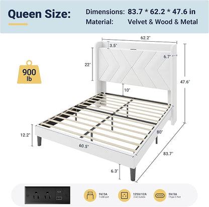 Allewie Queen Size Platform Bed Frame with Charging Station and Storage Shelf/Upholstered Velvet Wingback Headboard/Wooden Slats Support/No Box Spring Needed/Easy Assembly, White