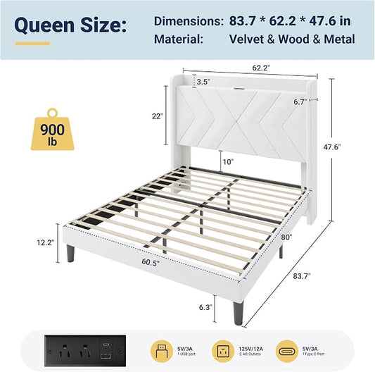 Allewie Queen Size Platform Bed Frame with Charging Station and Storage Shelf/Upholstered Velvet Wingback Headboard/Wooden Slats Support/No Box Spring Needed/Easy Assembly, White