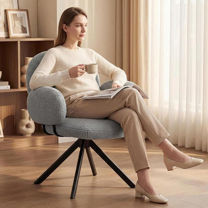 Cute Desk Chair No Wheels, 360° Swivel Accent Chairs with Arms, Modern Upholstered Dining Room Chairs with Tufted Cushion, Accent Chairs for Home Office/Bedroom/Kitchen, Teddy Sherpa, Grey