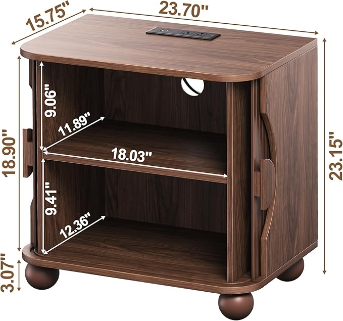 Modern Square Nightstand with Charging Station and Sliding Doors, Modern Bedside Table with Round Wooden Sliding Door Handle, Suitable for Bedroom (Walnut)