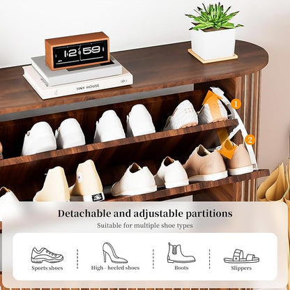 Narrow Shoe Storage Cabinet for Entryway, Slim Fluted Shoe Cabinet with 2 Flip Drawers, Wood Hidden Shoe Rack Organizer for Entry Way, Entrance, Foyer, Hallway, Walnut, Wooden, Thin