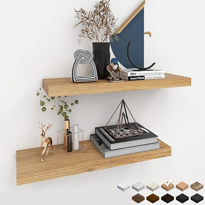 Oak Floating Shelves for Wall，24in Wall Mounted Display Ledge Shelves Perfect for Bedroom, Bathroom, Living Room and Kitchen Decoration Storage (Oak, Set of 2)