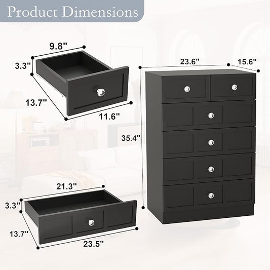 6 Drawer Dresser for Bedroom: 24" Black Wide Tall Dressers for Bedroom, Modern Fluted Dresser with Deep Drawers, Wooden Chest of Drawers for Living Room