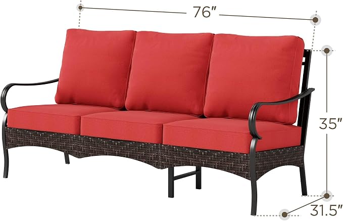 Wicker & Metal Outdoor Patio Couch,3-Seat Patio Sofa with Deep Seating for Front Porch, Deck, Balcony, Backyard, Sunroom,Red