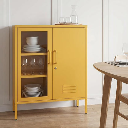 Lockable Metal Storage Locker Adjustable Shelves, 33" H 2-Door Storage Cabinets Durable Metal Sideboard Cabinet for Home Office Living Room Bedroom Yellow
