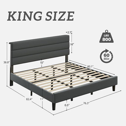 Fluest King Size Bed Frame, Platform Bed Frame with Velvet Upholstered Headboard, No Box Spring Needed, Sturdy Metal Support, Noise Free, Easy Assembly, Grey