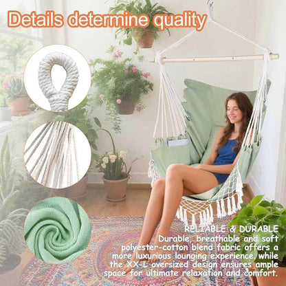 Hammock Chair Hanging Rope Swing Chair,Max 450 Lbs, Large Hanging Chair with Pocket, 2 Cushions, Steel Bar with Anti-Slip Rings, Hardware Kit Included, Comfortable for Indoor Outdoor (Green)