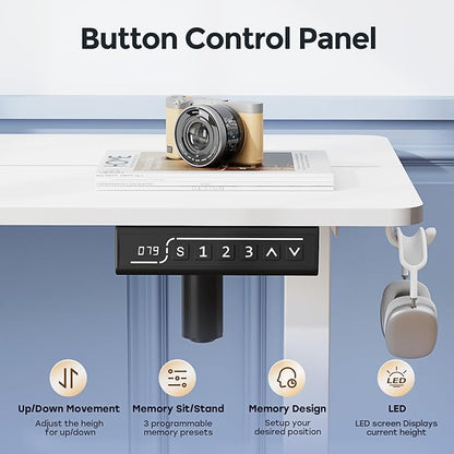 Small Electric Standing Desk, 35" ×20" White Standing Desk, Height Adjustable Compact Sit Stand Workstation with Splice Board, Home Office Desk with 2 Hooks