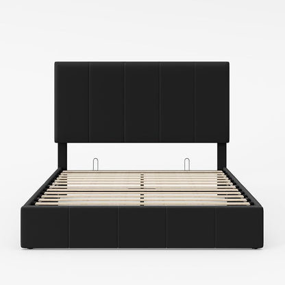 Allewie Queen Size Velvet Lift Up Storage Bed Frame, Vertical Channel Tufted Headboard, Hydrualic Underneath Storage, Upholstered Platform Bed, Wooden Slats Support, No Box Spring Needed, Black