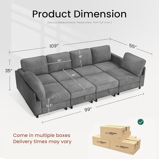 KKL Modular 8 Seater 108 Inch Sofa Bed - 2 * 4 Sectional Sleeper Sofabed with Storage Ottoman, Convertible L/U Shaped Sleeper Couch for Living Room, Modern Reversible Design, Grey