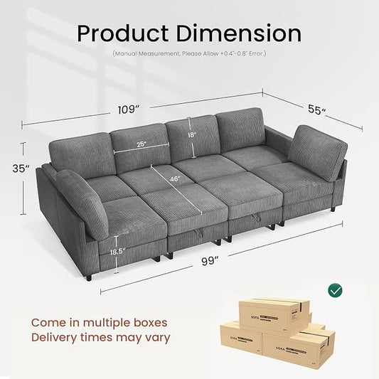 KKL Modular 8 Seater 108 Inch Sofa Bed - 2 * 4 Sectional Sleeper Sofabed with Storage Ottoman, Convertible L/U Shaped Sleeper Couch for Living Room, Modern Reversible Design, Grey