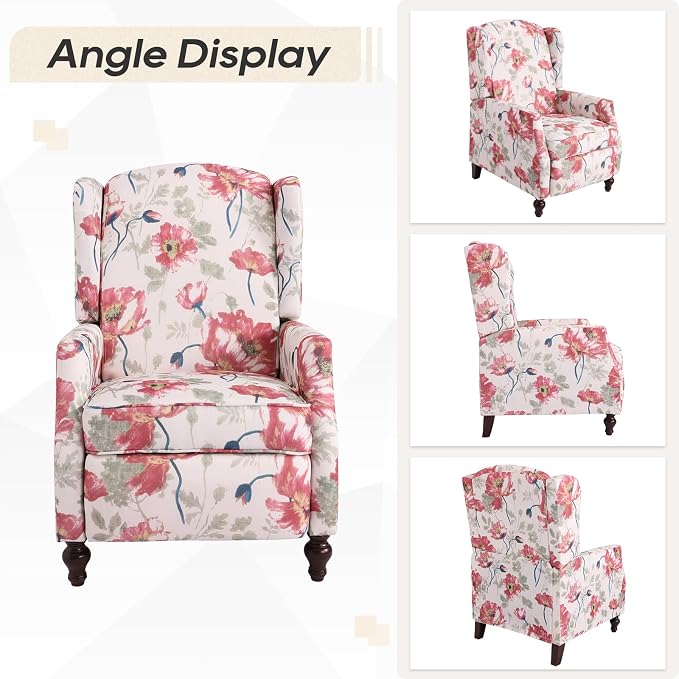Upholstered Wingback Recliner Chair, Mid Century Modern Manual Push Back Recliner for Living Room, Bedroom (1, Red Floral)