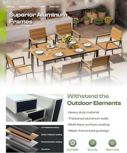Outdoor Dining Set, Patio Table and Chairs Set with Umbrella Hole, 7 Pieces HDPS + Aluminum Patio Dining Furniture Set for Backyard, Garden (Gray & Teak)