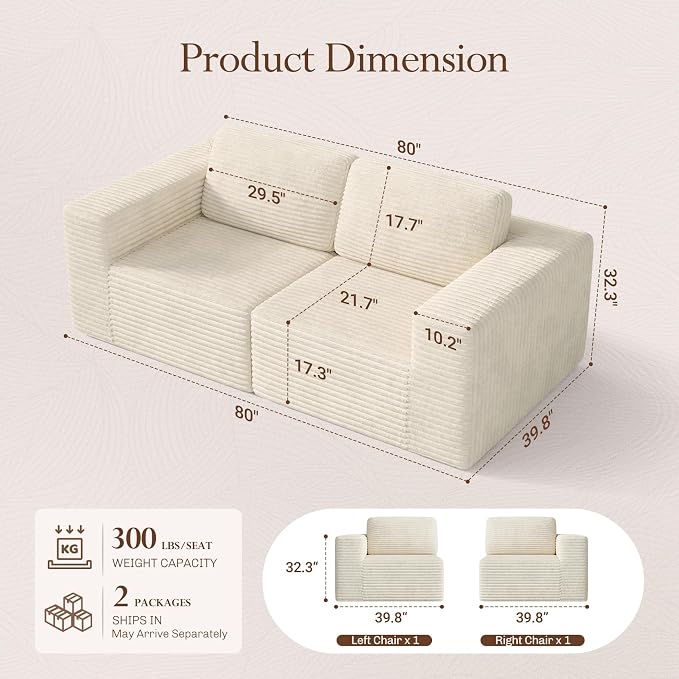 Vesgantti 80" Modular Sectional Sofa, Corduroy Cloud Couch with Deep Seating & Spring Support, 2 Seater Compact Modular Couch, Boneless Sectional Sofa for Small Spaces, No Assembly Required, Beige