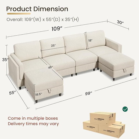 KKL Modular Sectional Sofa Bed with Storage Ottoman, Convertible L/U-Shaped Sleeper Couch for Living Room, Modern Reversible Design(Beige,6 Seater U Shape)