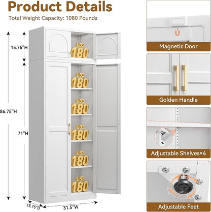 Polup Kitchen Pantry Cabinet, 86 Inch Tall Metal Storage Cabinet, Food Pantry cabinets with Doors and Shelves, White Storage Cabinets for Living, Dining, Office, Bathroom, Garage, Assembly Required