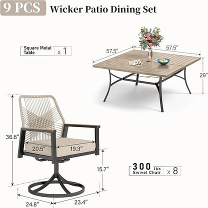 Patio Dining Set 9 Piece, 8 x Woven Rattan Swivel Chairs with Waterproof Cushion, 57.5" Square Wood-Like Metal Table with Umbrella Hole, Outdoor Table and Chairs Set for Backyard Lawn and Deck, Beige