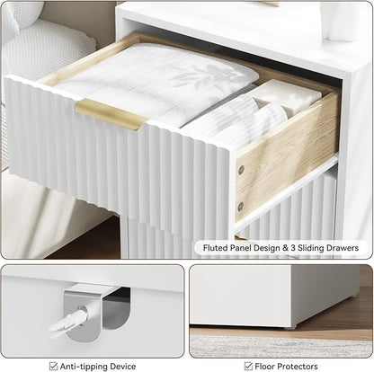 8 Drawer Dresser & Nightstand Set 3-Piece, 55” Wide Tall Fluted Dresser and Night Stand Set of 2 with Metal Handle, Modern Wood Chest of Drawers Storage Dressers Set for Bedroom, White