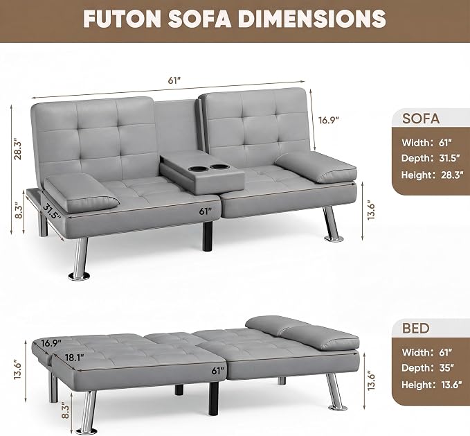 Homall Futon Sofa Bed, Leather Futon Couch with Removable Armrests, Adjustable Recliner Sleeper Sofa Bed with Dual Cup Holders for Living Room, Apartment, Office (Gray)