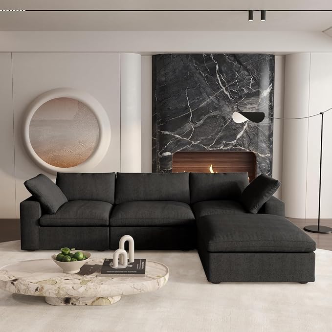 L Shaped Cloud Modular Sectional Sofa with Storage Ottoman for Living Room | Modular Setional Sofa, Covers Washable&Replaceable, Black