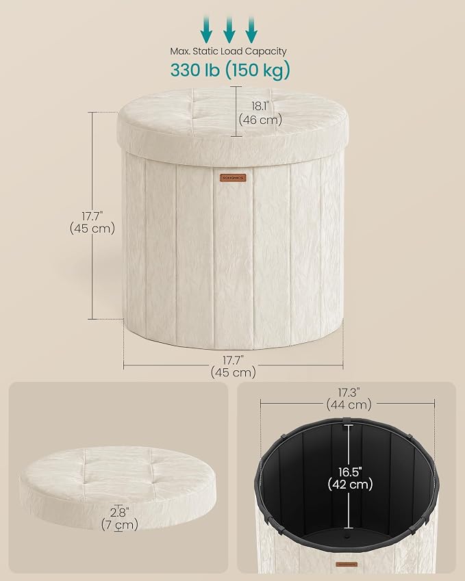 SONGMICS Mazie Collection - Round Storage Ottoman, Folding Footrest Stool with Removable Lid, Easy Assembly, PU Leather Vanity Stool for Bedroom, Living Room, Entryway, Cream White ULSF609WD01
