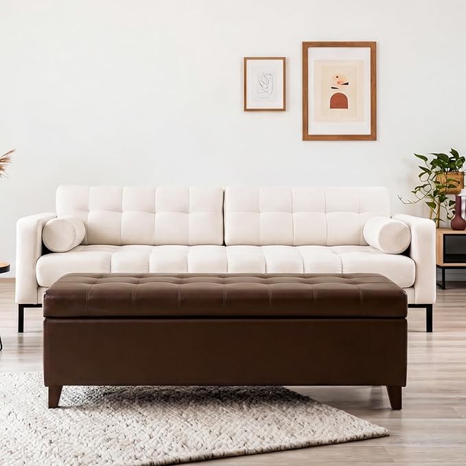 Joveco Storage Ottoman Bench, 51 Inch Leather Tufted Bench for End of Bed, Bedroom, Living Room, Brown