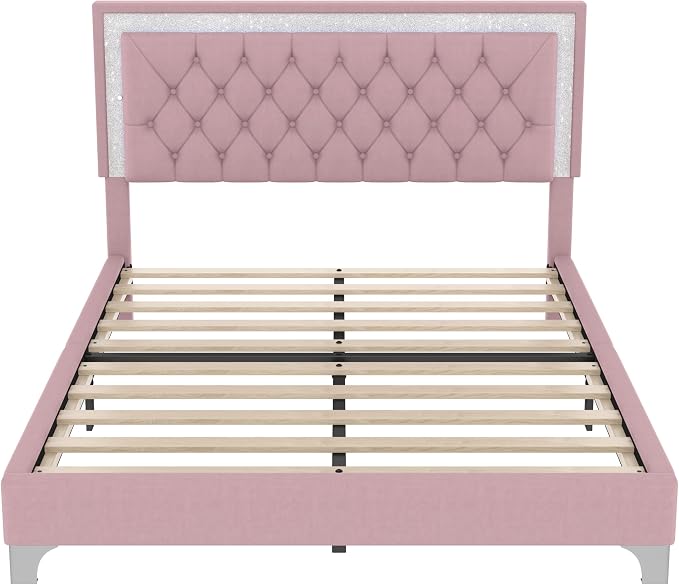 Flieks Bedroom Sets, 3-Pieces Bedroom Sets, Queen Size Upholstered Platform Bed with LED Lights and 2 Nightstands, Pink