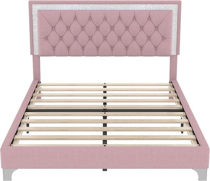 Flieks Bedroom Sets, 3-Pieces Bedroom Sets, Queen Size Upholstered Platform Bed with LED Lights and 2 Nightstands, Pink