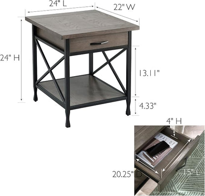 Leick Home 23007 Chisel & Forge One Drawer X Design Mixed Metal and Wood Side Table with Shelf, Smoke Gray and Matte Black, 22 in x 24 in x 24 in