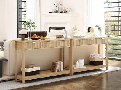 RUSTOWN Fluted Wood Console Table with 3 Drawers, Boho Narrow Behind Couch Entryway Table with Open Storage Shelf, Modern Sofa Table for Living Room, Foyer and Hallway (Natural Wood)