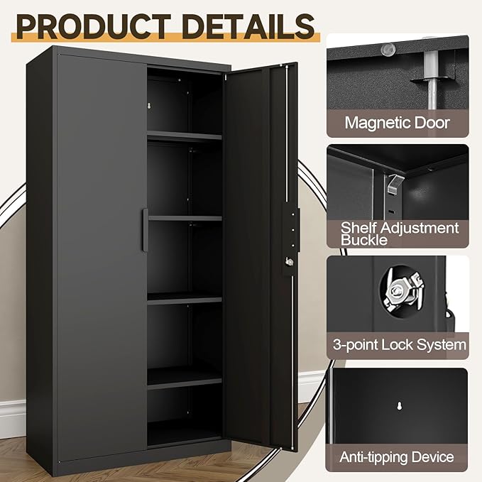 GREATMEET Metal Garage Storage Cabinet with 2 Doors and Shelves - 72" x 34" x 18" Steel Lockable File Cabinet, Black Locking Tool Cabinets for Office Home Garage Gym School