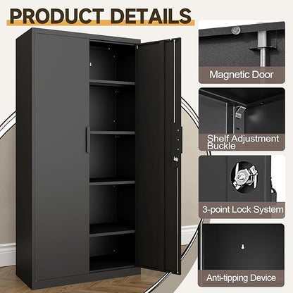 GREATMEET Metal Garage Storage Cabinet with 2 Doors and Shelves - 72" x 34" x 18" Steel Lockable File Cabinet, Black Locking Tool Cabinets for Office Home Garage Gym School