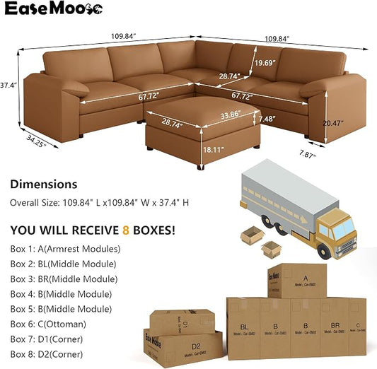 EASE MOOSE Oversized Corner Modular Sectional Sofa with Ottoman, Faux Leather Sectional Sofa with Deep Seat, Scratch Resistant Faux Leather Material, Extra Large L Shaped Couch, Brown
