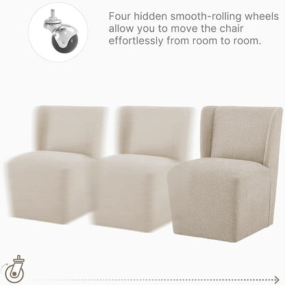 KISLOT Upholstered Dining Chairs Set of 1 with Casters, Wingback Modern Side Armless Deskchair with Rollers for Diningroom Bedroom Livingroom Reading Room, Sand Fabric
