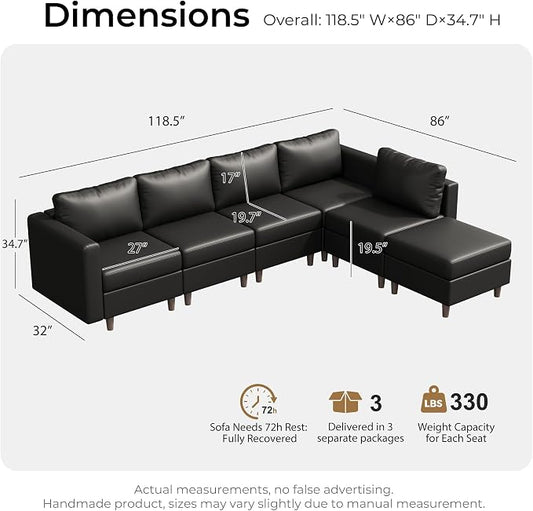 ABCASA Faux Leather Sectional, Modular Sectional Sofa with Storage Seats, 6 Seat Faux Leather Modular L Shaped Couches with Movable Ottoman for Living Room,Black