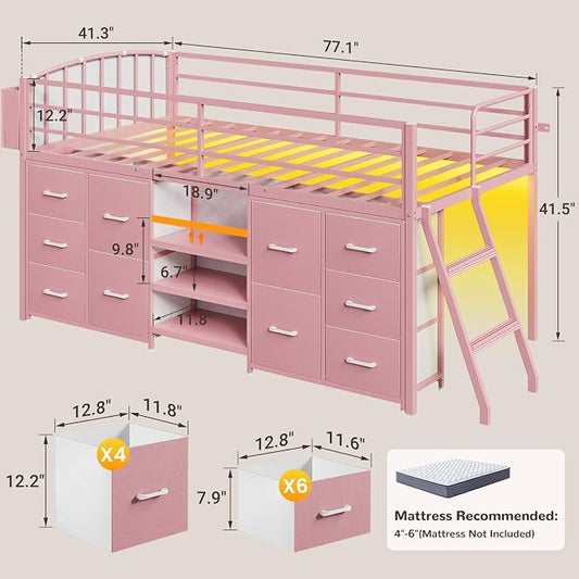 ELYKEN Low Loft Bed Twin Size with 10 Storage Drawers, Twin Loft Bed Frames for Kids with Safety Guardrail,Metal Kids Loft Bed with LED Lights,Inclined Ladder,Spave Saving,Pink