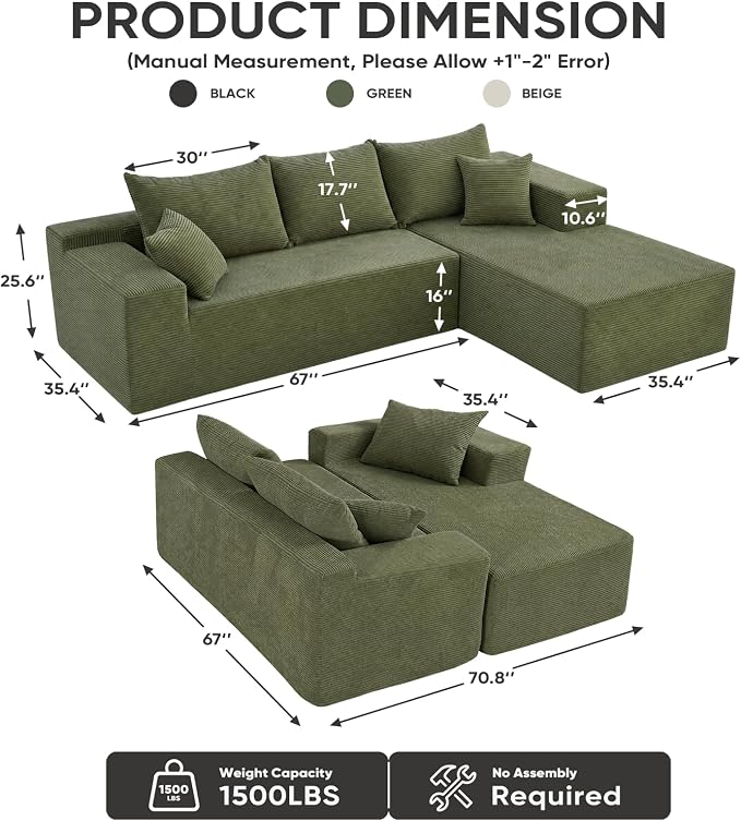 Boneless Couch, 102.4" Sectional Couches for Living Room with L Shape Sofa | Cloud Couch Sectional with Chaise, Modular Cloud Sofa with Deep Seat, No Assembly, Green, Corduroy, Right Chaise
