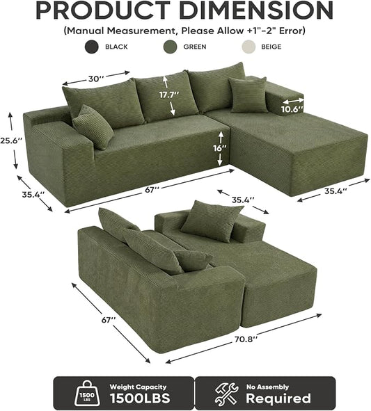 Boneless Couch, 102.4" Sectional Couches for Living Room with L Shape Sofa | Cloud Couch Sectional with Chaise, Modular Cloud Sofa with Deep Seat, No Assembly, Green, Corduroy, Right Chaise