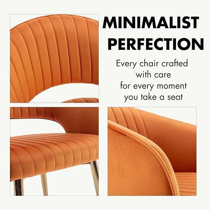 Hyfirm Velvet Dining Chairs Set of 6, Modern Gold Legs Dining Room Chairs with Hollow Back, Upholstered Accent Kitchen Chairs for Living Room/Reception/Restaurant, Orange