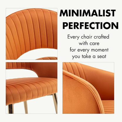 Hyfirm Velvet Dining Chairs Set of 6, Modern Gold Legs Dining Room Chairs with Hollow Back, Upholstered Accent Kitchen Chairs for Living Room/Reception/Restaurant, Orange