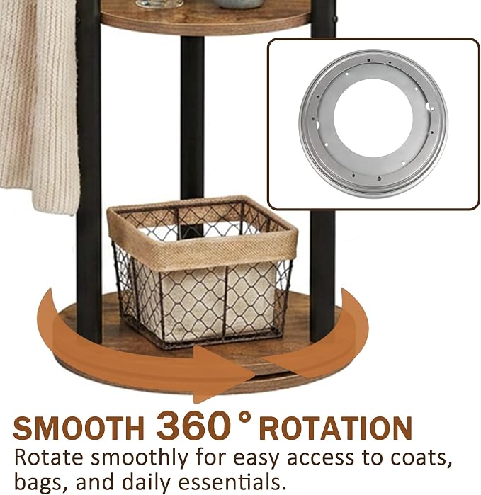 Espelism Rotary Coat Rack Freestanding Metal Coat Hall Tree Stand with 4 Tiers Storage Display Shelf and 9 Hooks for Entryway Bedroom Corner Office Garment Clothes Holder (Brown)