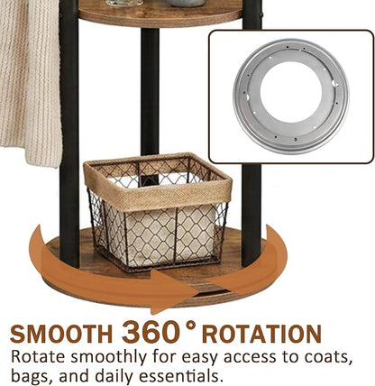 Espelism Rotary Coat Rack Freestanding Metal Coat Hall Tree Stand with 4 Tiers Storage Display Shelf and 9 Hooks for Entryway Bedroom Corner Office Garment Clothes Holder (Brown)