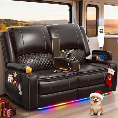 Upgraded Power Loveseat Reclining Couch, Reclining Loveseat Sofa RV Couch with Removable Armrest and Remote Control, Velvet Wall Hugger Home Theater Seating with 2-Tier Cushions, Storage (PU,Brown)
